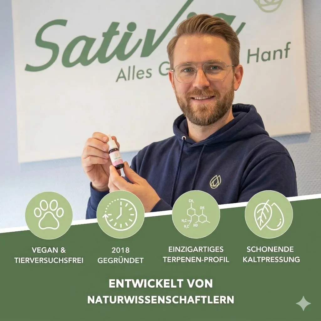 Tom Bernhard mit CBD-Oel-Flasche - Entwickelt von Naturwissenschaftlern